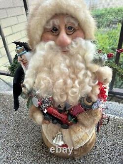 Santa Claus Figure Christmas Handmade Clay Recycled Fur SIGNED