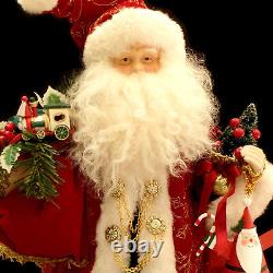 Santa Claus Figure & Jack-in-box / Porcelain / Wood Base / Real Sheepskin Beard