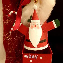 Santa Claus Figure & Jack-in-box / Porcelain / Wood Base / Real Sheepskin Beard