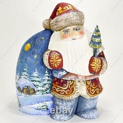 Santa Claus Figure With The Big Sack Christmas Russian Hand Carved Wooden Statue