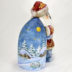 Santa Claus Figure With The Big Sack Christmas Russian Hand Carved Wooden Statue