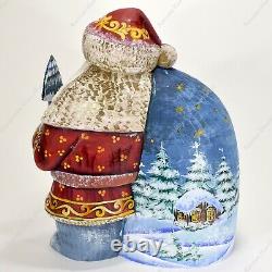 Santa Claus Figure With The Big Sack Christmas Russian Hand Carved Wooden Statue