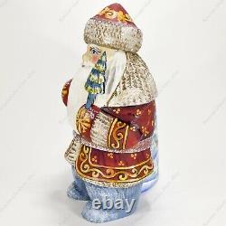 Santa Claus Figure With The Big Sack Christmas Russian Hand Carved Wooden Statue