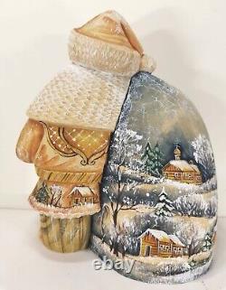 Santa Claus Figure With The Big Sack Christmas Russian Hand Carved Wooden Statue