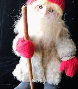 Santa Claus Folk Art Christmas Figure Belsnickle Stick Rustic Primitive Wool