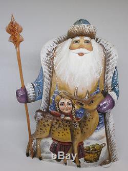 Santa Claus Girl Reindeer Christmas Wooden Carved Hand Painted Russian Ded Moroz