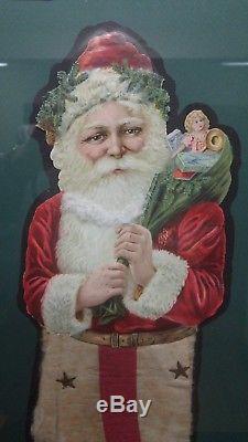 Santa Claus die cut, 20 tall, gorgeous frame. He walks through snow. VG. 1920s