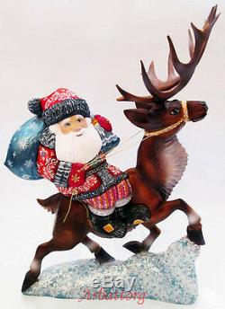 Santa Claus on reindeer Ded Moroz Russian Wooden Carved Hand Painted Great #30