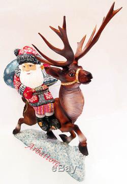 Santa Claus on reindeer Ded Moroz Russian Wooden Carved Hand Painted Great #30