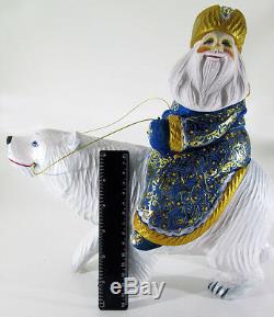 Santa Claus on white bear Ded Moroz Russian Wooden Carved Hand Painted #25