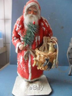 Santa claus german papermache with feather tree and donkey old