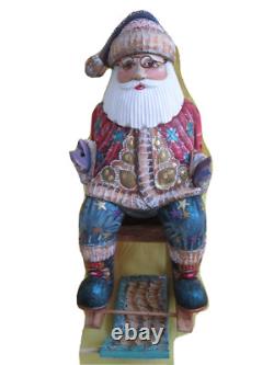Swinging Carved Santa Claus Handmade/Crafted Statue/Wood/Detachable Book/Russia