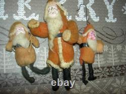 THREE (3) Antique 1920s, traditional cotton batting Santa Claus figure ornaments