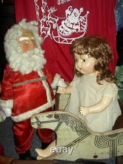 UNUSUAL 1930s antique SANTA CLAUS canvas doll figure holding electric light bulb