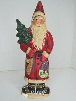 VAILLANCOURT Folk Art 2002 Santa #4 RARE Red Coat Green Tree Sutton HAS CHIP