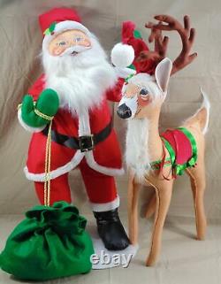 VINTAGE LOT OF 2 ANNALEE HUGE DOLL SANTA CLAUS WithTOY BAG & REINDEER 33 TALL