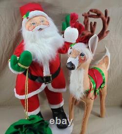 VINTAGE LOT OF 2 ANNALEE HUGE DOLL SANTA CLAUS WithTOY BAG & REINDEER 33 TALL