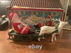 VTG Celluloid Santa Claus on Sled Toy Occupied Japan Bell Wind Up Orig. Box &Key