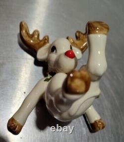 VTG Fitz & Floyd Ceramic Tumbling Reindeer Hand Painted Japan 1976 FULL Set 5