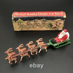 Vintage 1940s Hand Painted Metal Santa Claus on Sled Japan in Box