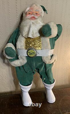 Vintage 1960's Teem Lemon-Lime Soda Santa Claus Figure, Green Clothes, 13 Tall