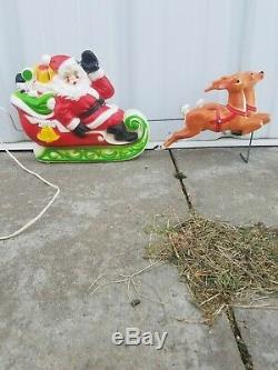 Vintage 1970 Empire Plastic Light Up Santa Claus Sleigh With Reindeer Blow Mold