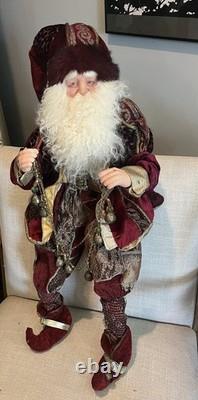 Vintage 32 Poseable Santa Brass Jingle Bells Burgandy Velvet Gold Brocade