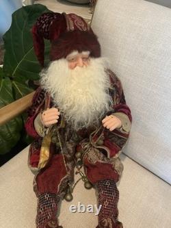 Vintage 32 Poseable Santa Brass Jingle Bells Burgandy Velvet Gold Brocade