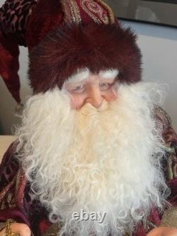 Vintage 32 Poseable Santa Brass Jingle Bells Burgandy Velvet Gold Brocade