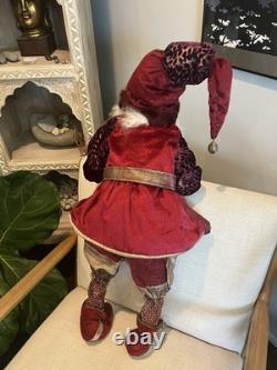 Vintage 32 Poseable Santa Brass Jingle Bells Burgandy Velvet Gold Brocade