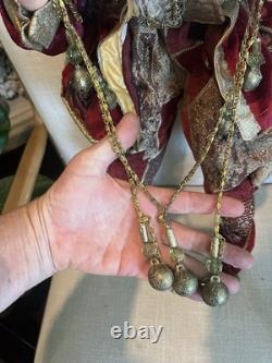 Vintage 32 Poseable Santa Brass Jingle Bells Burgandy Velvet Gold Brocade