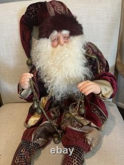 Vintage 32 Poseable Santa Brass Jingle Bells Burgandy Velvet Gold Brocade