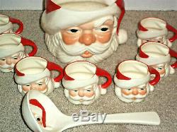 Vintage 50's Santa Claus Punch Bowl Ladle and 7 Cups Handpainted