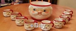 Vintage 60's Santa Claus Punch Bowl 9 Cups Hand painted. Signed Japan H H