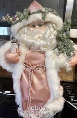 Vintage Animated Musical Lighted Santa Claus Victorian Pink Robe Works See Video