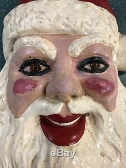 Vintage Antique Folk Art Old Plaster Hand Made Santa Claus Head Decoration