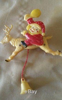 Vintage Celluloid Mechanical Santa Claus Rudolph Reindeer Christmas Brooch