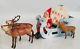 Vintage Christmas Putz Composition Face Santa Claus In Sleigh & 3 Putz Reindeer