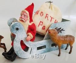 Vintage Christmas Putz Composition Face Santa Claus In Sleigh & 3 Putz Reindeer