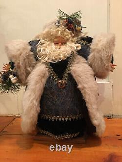 Vintage Chubby Santa Claus Figure 18.5 H Dark Blue Velveteen Fabric Faux Fur