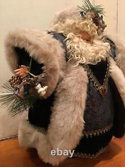 Vintage Chubby Santa Claus Figure 18.5 H Dark Blue Velveteen Fabric Faux Fur