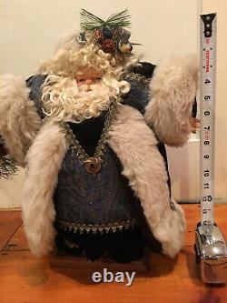 Vintage Chubby Santa Claus Figure 18.5 H Dark Blue Velveteen Fabric Faux Fur