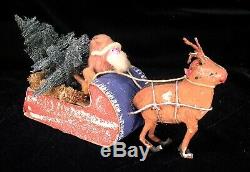 Vintage Clay Faced Santa Claus in Sleigh & Reindeer 1920s Japan CANDY CONTAINER