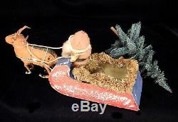 Vintage Clay Faced Santa Claus in Sleigh & Reindeer 1920s Japan CANDY CONTAINER