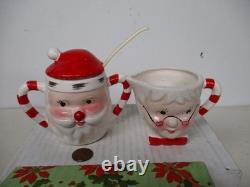 Vintage Commodore Ceramic Christmas Santa & Mrs Claus Candy Cane Creamer & Sugar