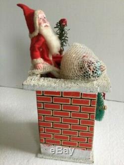 Vintage Composition Santa Claus On Chimney With Ladder & Toy Bag Decoration