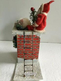 Vintage Composition Santa Claus On Chimney With Ladder & Toy Bag Decoration