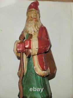 Vintage Folk Art Handcarved Santa Claus German Father Christmas Green Under Coa
