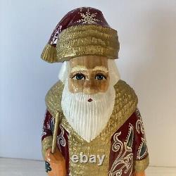 Vintage Folk Art Russia Hand Carved Painted Wood 11.5 Santa Claus Signed XLNT