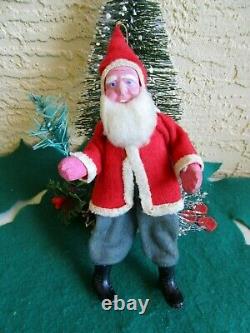 Vintage German Santa Claus Clay Compo Face&hands & Boots Felt Suit Holding Tree